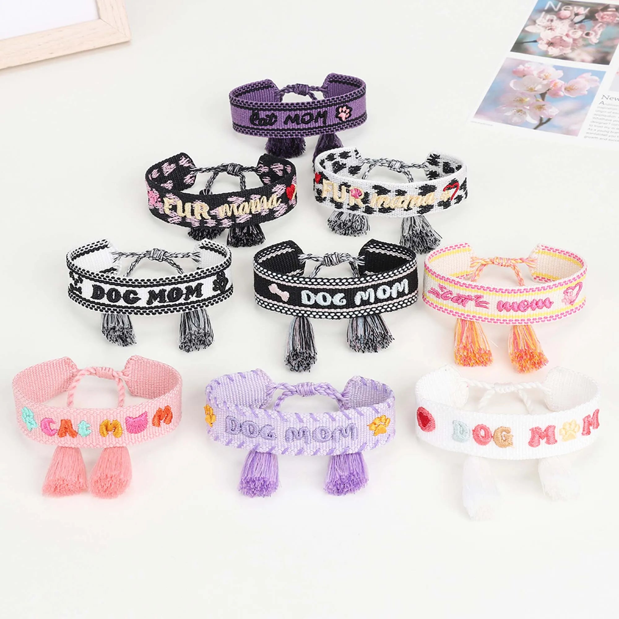 DOG MOM Cat MOM Embroidery Bracelet Wholesale Friendship Tassel Braided Rope Girls FUR MAMA Text Wristband for Gifts