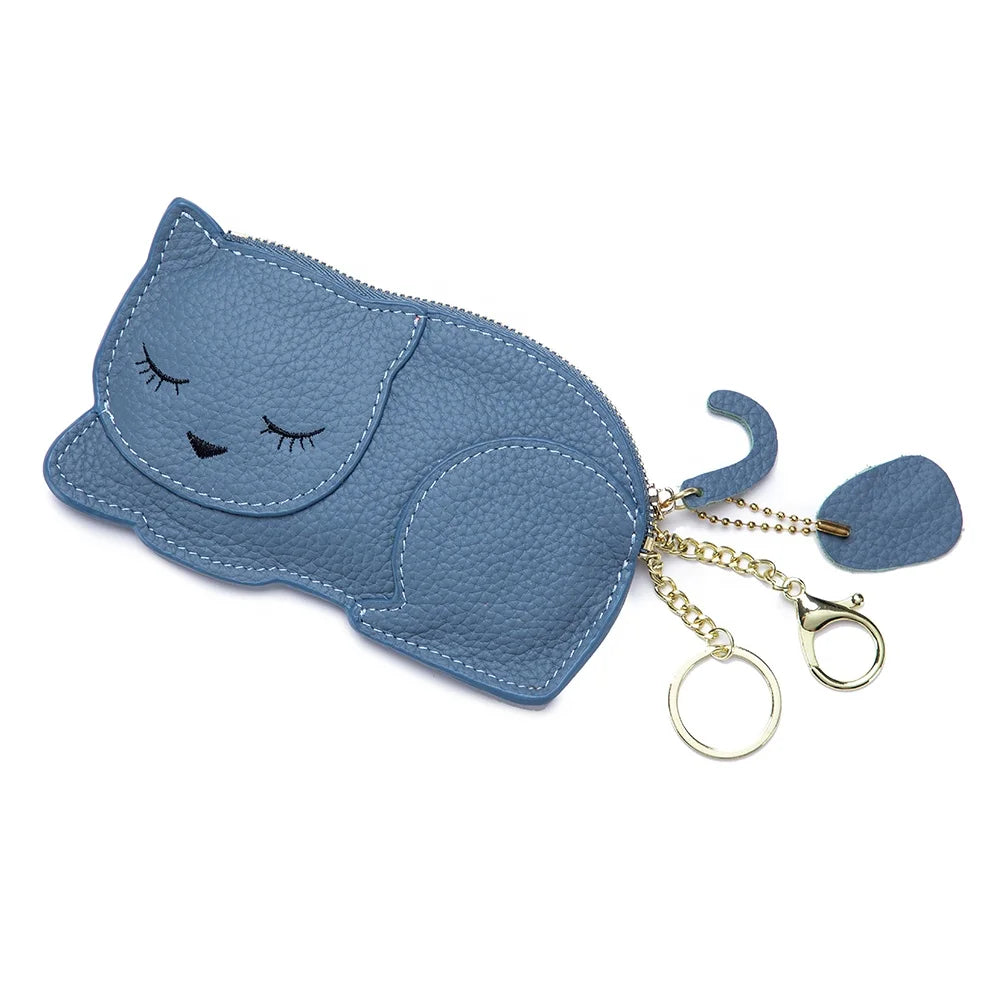 Genuine Leather Keychain for Women Cute Cat Mini Coin Purse Wallet with Zipper Functional and Fashionable Minimalist Style