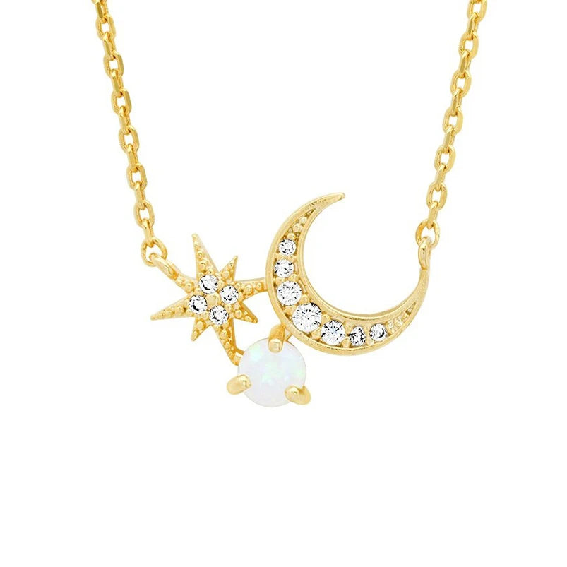 Gemnel Fashion Jewelry Opal Crescent Moon starburst 925 Silver Diamond Necklace Women