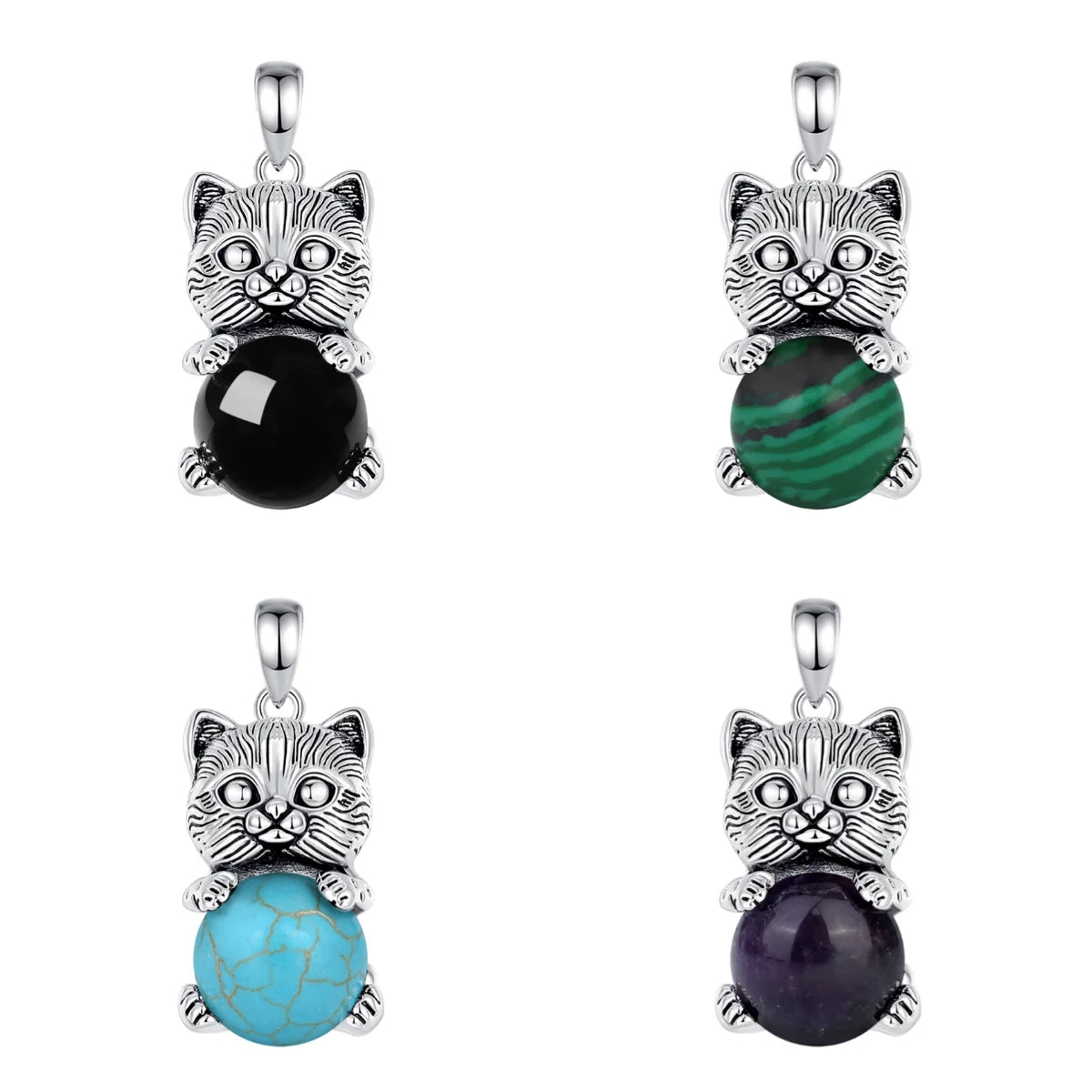 Merryshine Healing Stone Cat Pendant Necklace Precious Metal Ornaments with Pearl and Diamond Nature-Inspired Jewelry