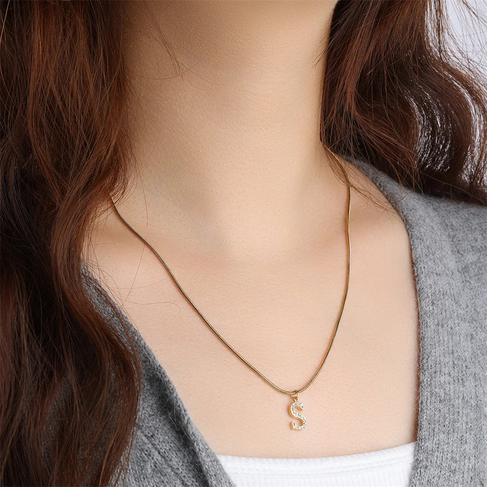 18K Gold Plated Stainless Steel 26 Initial Alphabet Necklace Waterproof Round Snake Chain Rhinestone Letter Pendant Necklaces