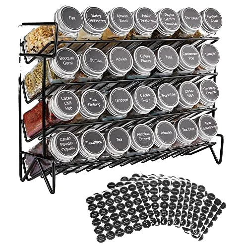 Modern 28-Piece Complete Organizer Black Kitchen Spice Rack with Empty Metal Spice Jars Funnel Labels Includes Paper Box Storage