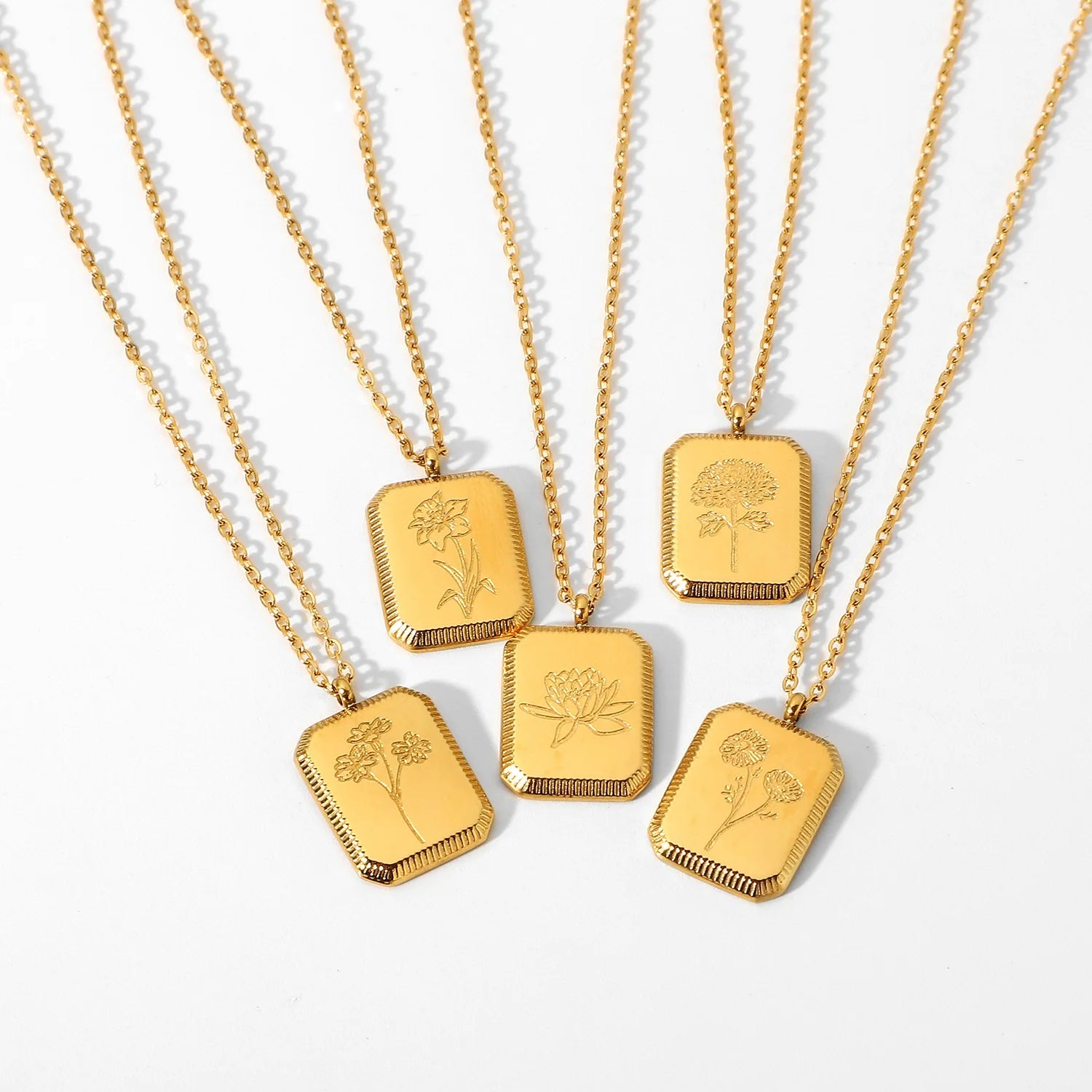 Stainless Steel Non Tarnish Gold Birth Flower Pendant Floral Zodiac Birth Month Flower Necklace