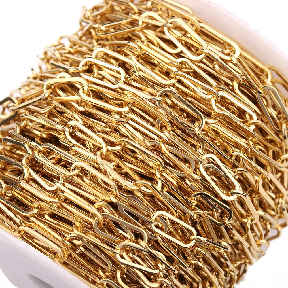18k Gold Plated 6.5mm Stainless Steel Long Rectangular Flat Paperclip Chain for Necklaces Bracelets Earring Garment Making