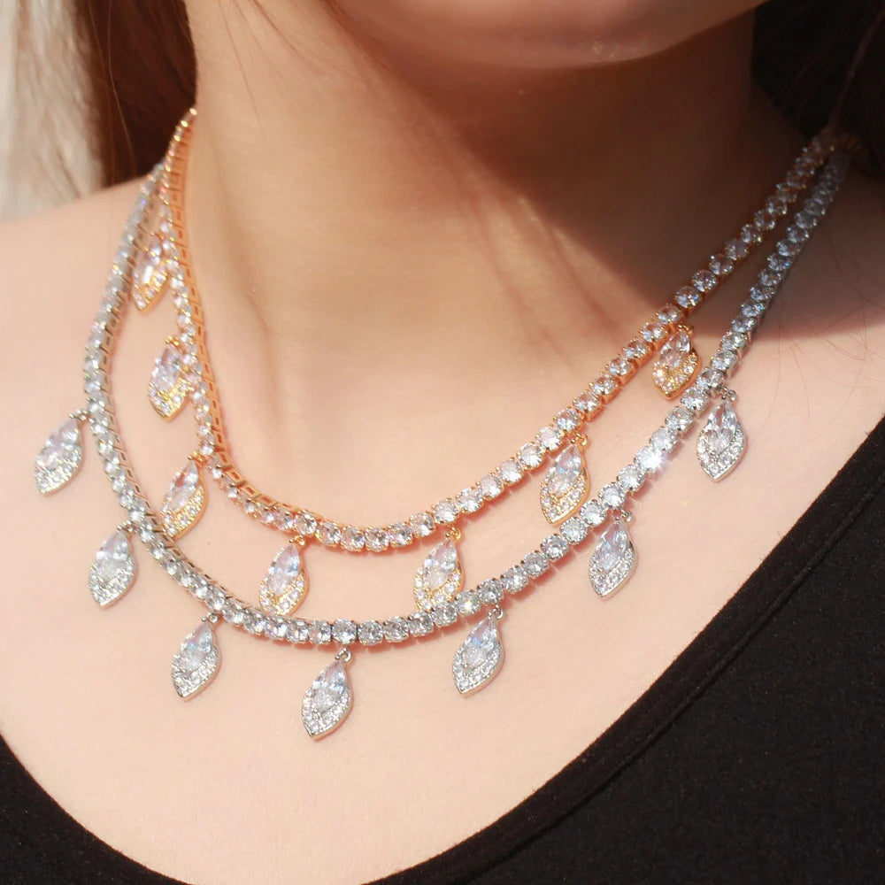 Gorgeous Brass Marquise Cut Charms Cubic Zirconia Chains Tennis Chokers Necklace for Women Engagement Party Wear CZ Jewelry
