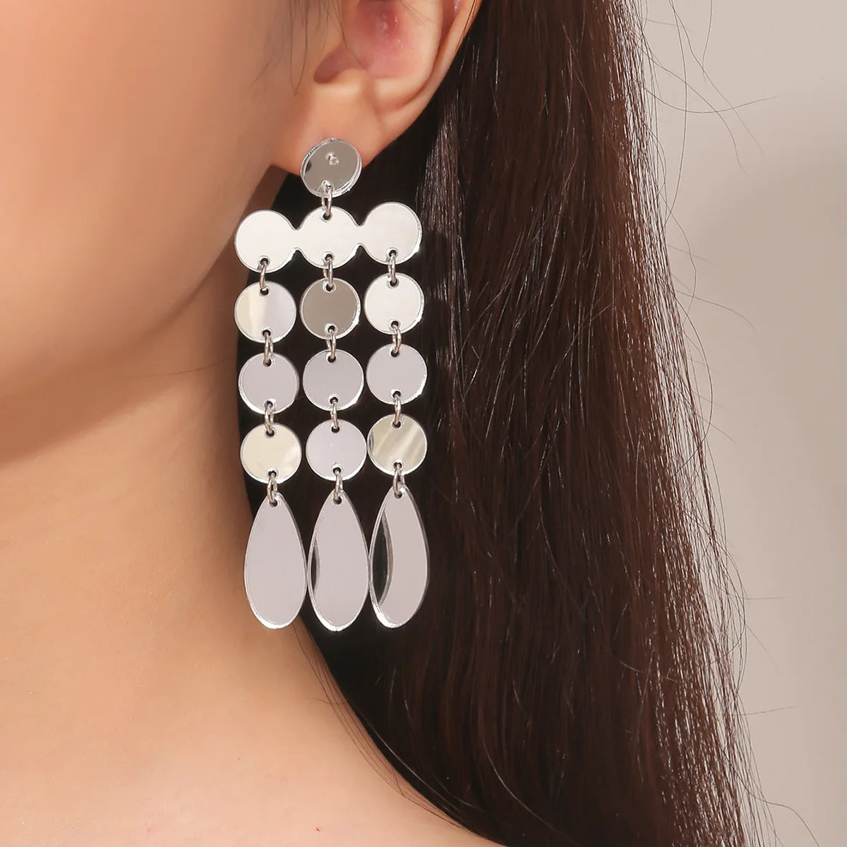 Europe and America Popular Temperament Accessories Charm Women Mirror Water Drop Shape Long Tassel Earring Punk Acrylic 1 Pair