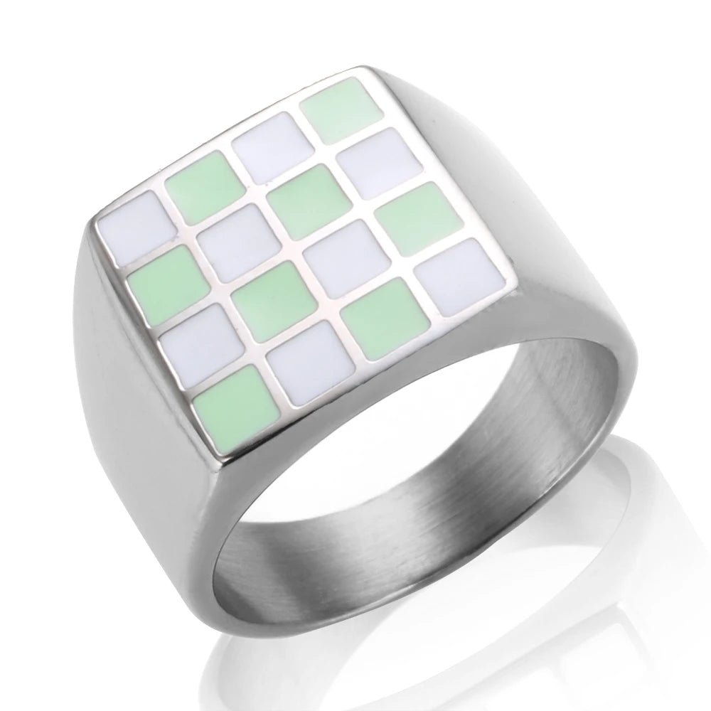 Factory Directly Fashion Enamel Square Ring Stainless Steel Gold Silver Chess Grid Ring Women Finger Rings Jewelry