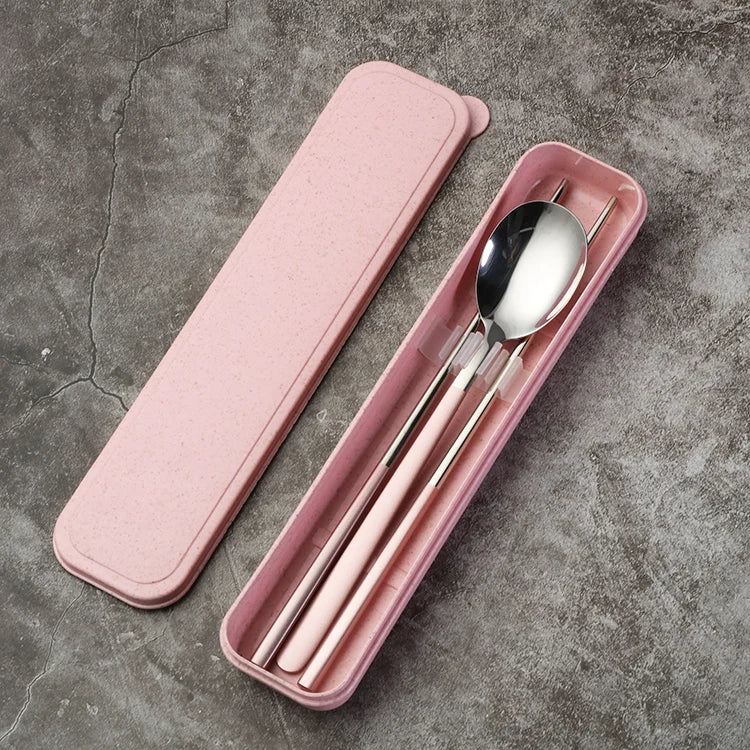 Reusable Colorful Handle Chopsticks Spoons Set 2-Pieces Korean Stainless Steel Cutlery Set With Box