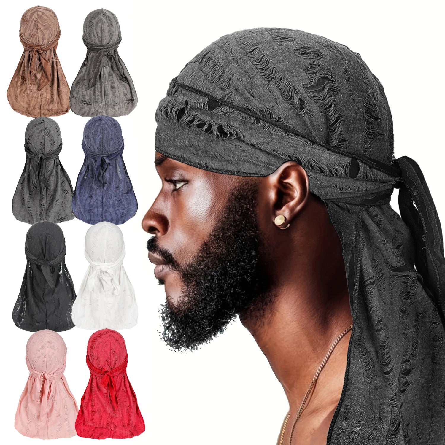 Vintage Mens Turban Pirate 360 Wave Cotton Distressed Du Doo Rag Long Tail Bandana Durag for Men