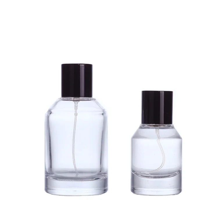 Unique Perfume Bottle 100ML Cylinder Clear Spray Glass Bottle with Aluminium Cover Lids Customized Logo Design Cosmetic Package