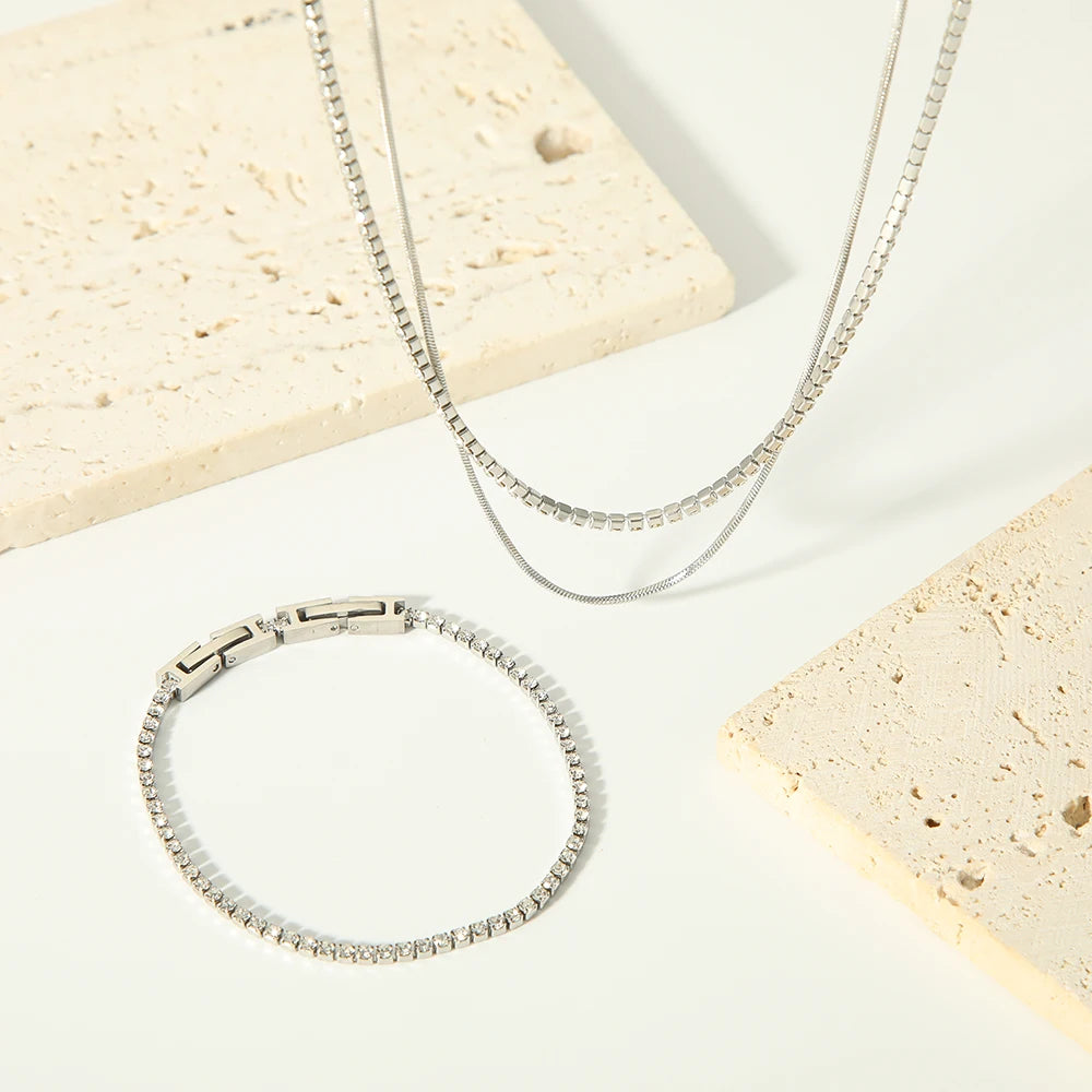 Wholesale Stainless Steel Silver Cubic Zirconia Tennis Chain Bracelets Special Design for Ladies Double Layered Necklace
