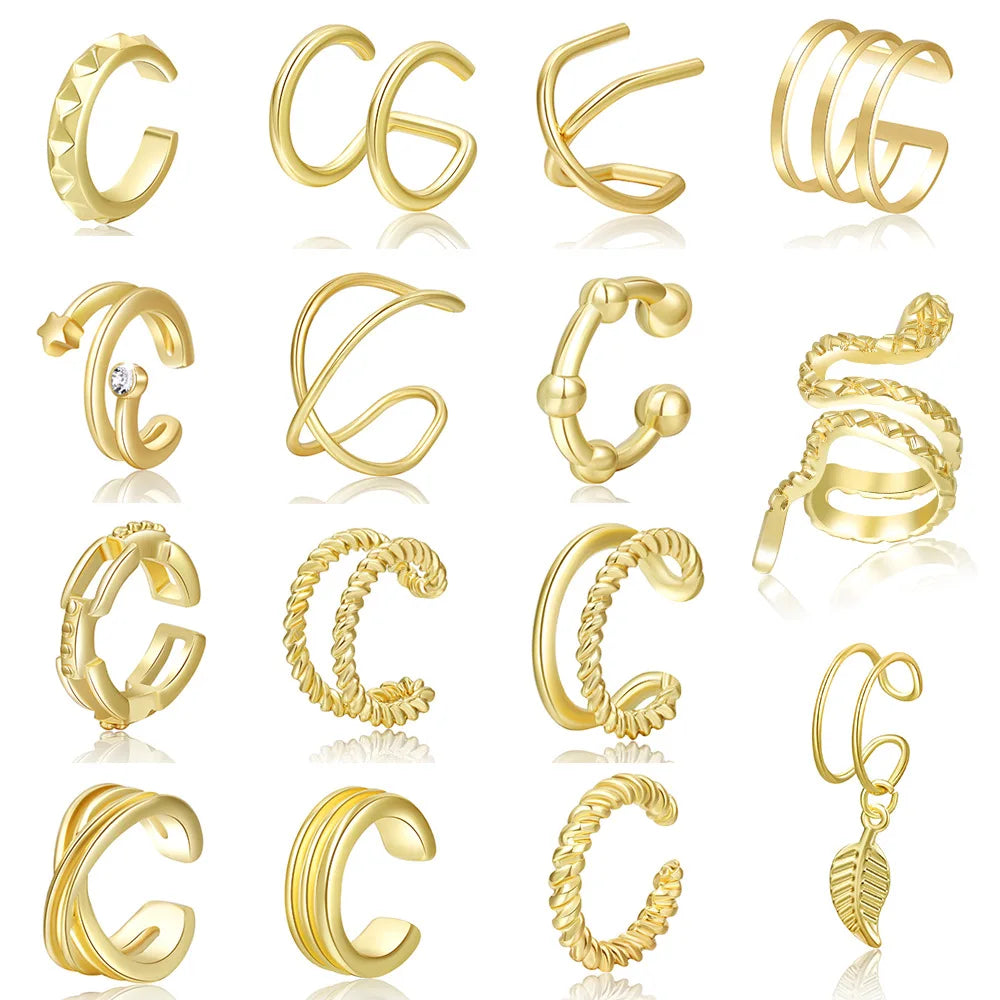 Fashion 15 Pieces Non Piercing Ear Cuffs Earrings Set Gold Plated Star Leaf Snake Adjustable Clip-on Earrings for Ladies