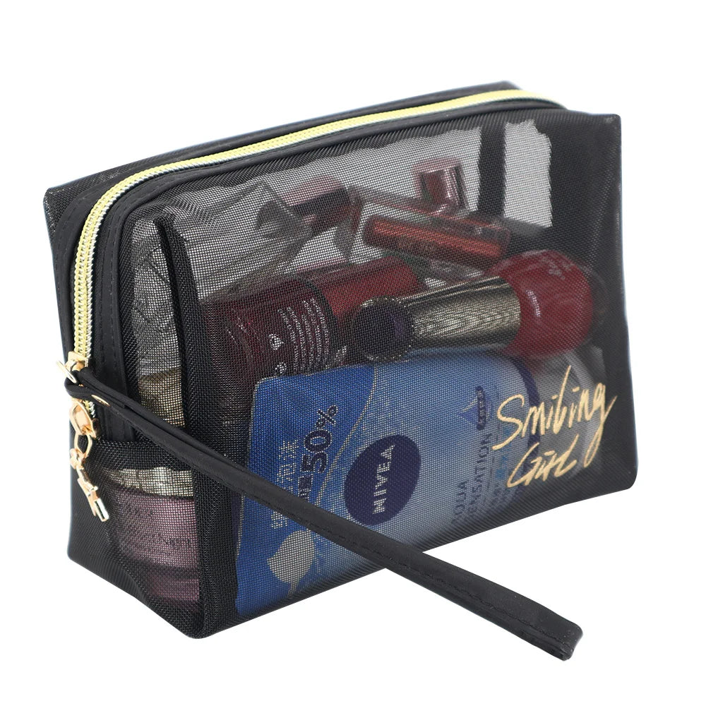 Portable Nylon Mesh Cosmetic Make up Skin Care Organizer Bag Custom Mesh Toilet Wash Bags with Wrist Strap