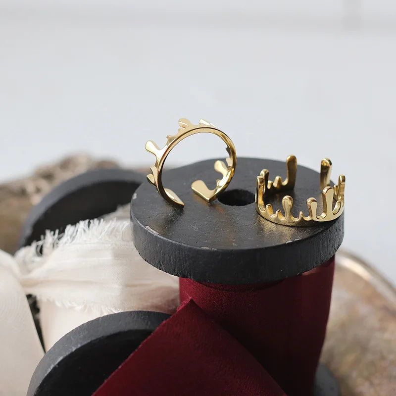 Moge Jewelry Unique Design Lava Droplet Crown Open Ring Adjustable Women's Stainless Steel Finger Ring