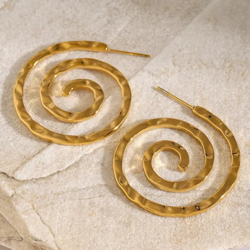 2025 New Arrival Fashion Jewelry Non Tarnish 18K PVD Gold Stainless Steel Earring Texture Hammer Pattern Spiral Hoop Earrings