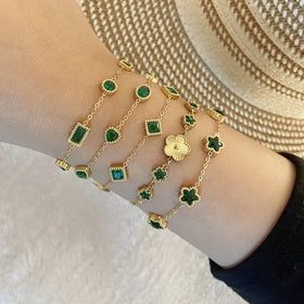 Geometric Round Square Star Flower Zircon 18K Gold Plated Stainless Steel Emerald Green Crystal Bracelet