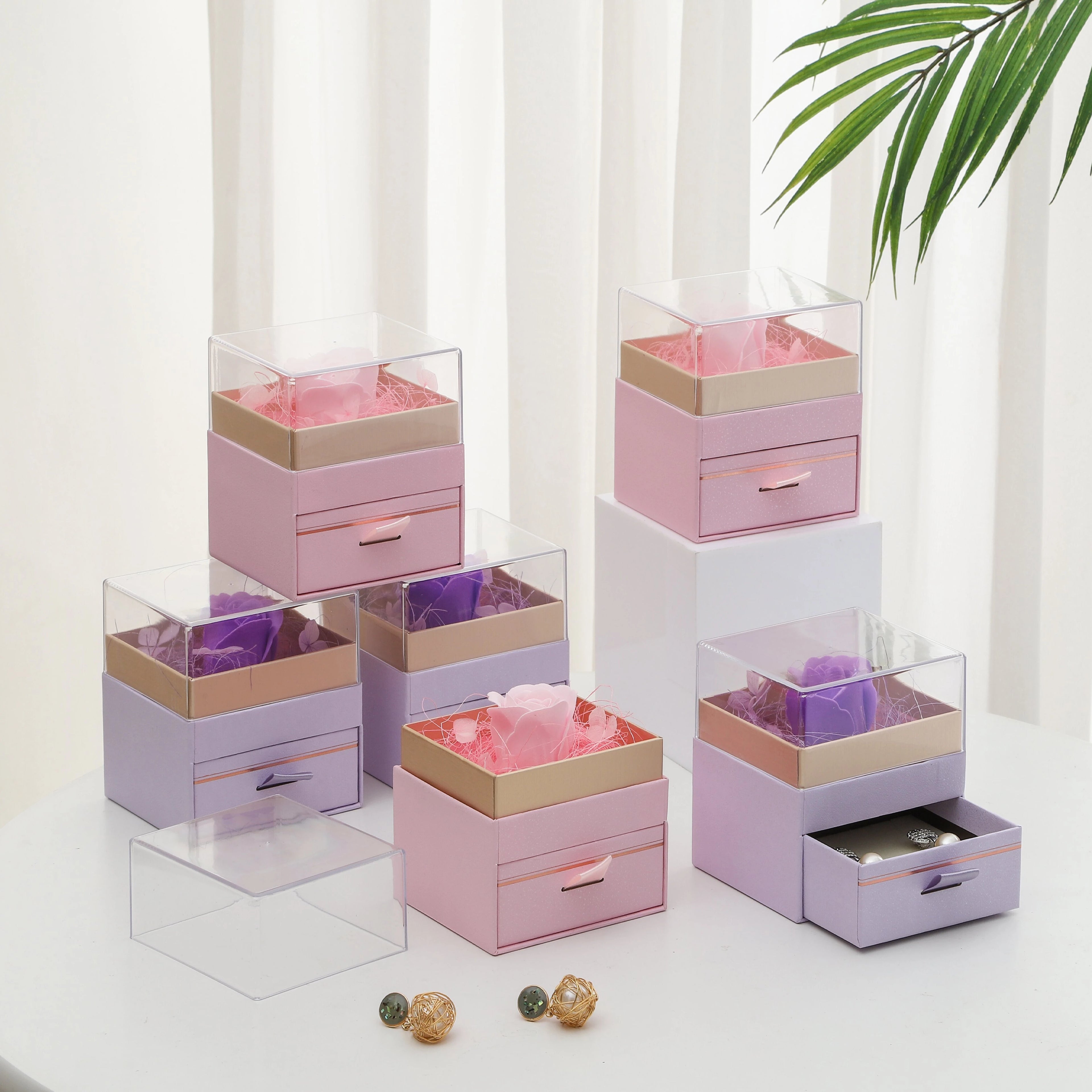 Luxury Acrylic Lid With Soap Flower and With Drawer square Rose Jewelry Box for Necklace Bracelet Earrings Gift Box Packing Box