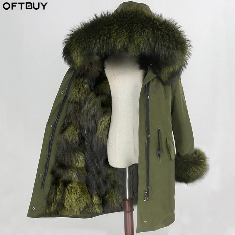 OFTBUY Women's Winter Parka Long Outerwear with Raccoon Fur Collar and Fox Fur Lining Waterproof Warm and Detachable Hood