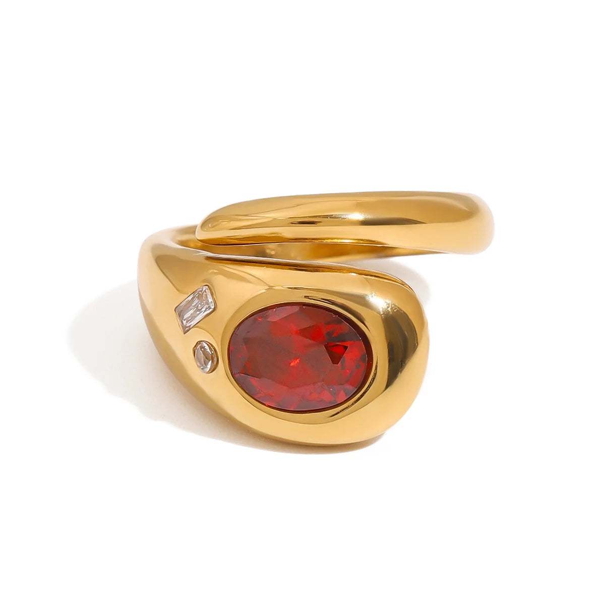 J&D 18K Gold Stainless Steel Red Glass Zirconium Snake Series Open Ring