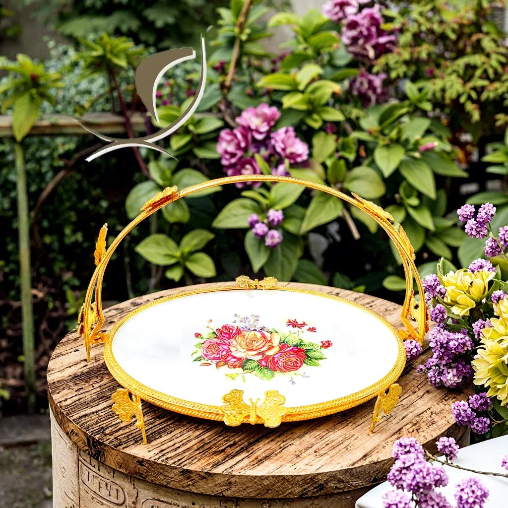 2025 QIAN HU New Arrived Elegant Metal Butterfly Leg Fruit Tray Ceramic Serving Dishes & Plates for Snack Dessert & Food Serving