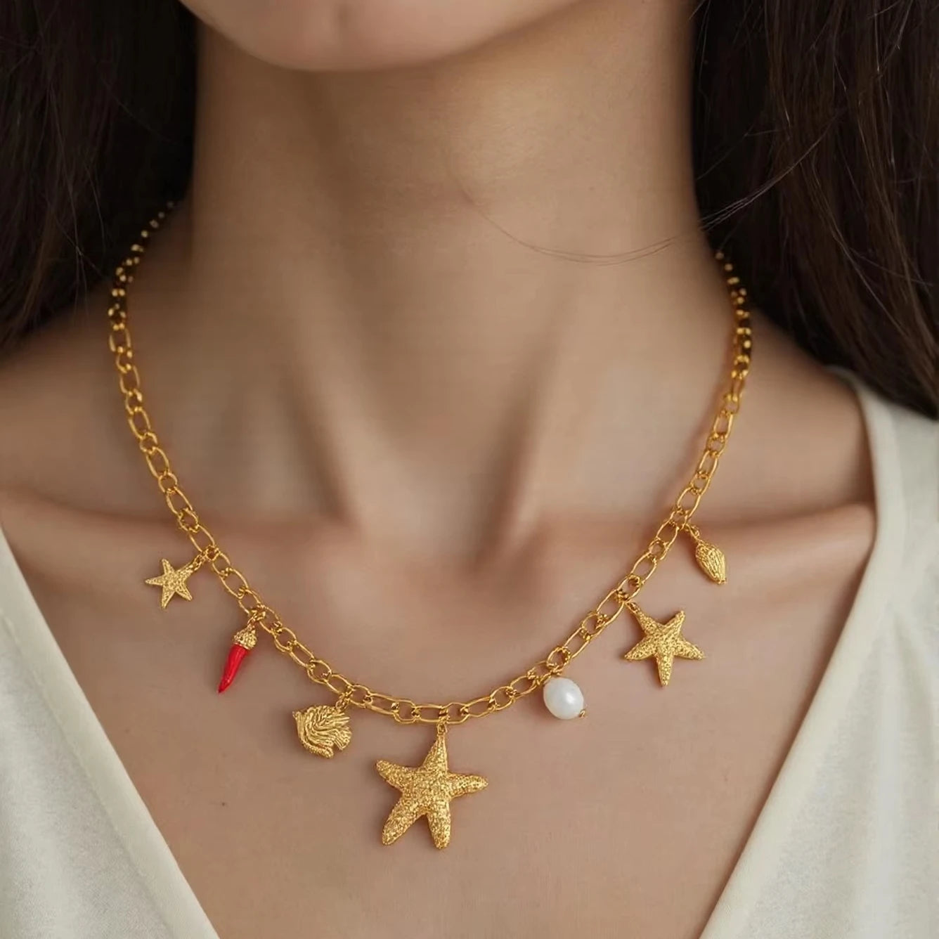 Trendy Women's 18K Gold Plated Lab Created Freshwater Pearl Pendant Necklace Stainless Steel Link Chain June Birthstone for Gift