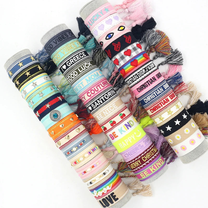 Ethnic Style Customized LOGO Embroidery Craftsmanship Colorful Webbing Tassel Bracelet