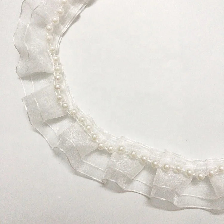 Fashion DIY Clothing White Pleated Organza Pearls Lace Border Trim LT2537B