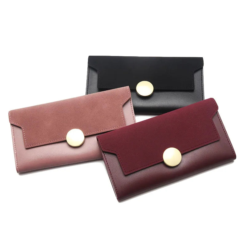 New Simple Ladies Long Frosted Leather PU Leather Large-Capacity Multi-Card Slot Snap Wallet Purse