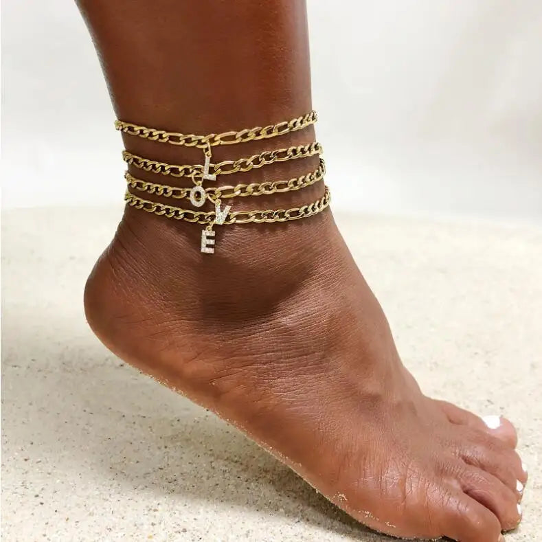 Vintage 18K Gold Plated Stainless Steel Women's Figaro Anklet with Initial Crystal Letter CZ Jewelry Fashionable Foot Chain
