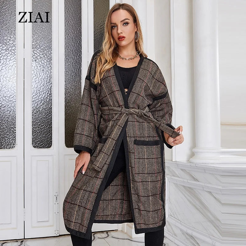 Wholesale Fashionable Plaid Woolen Coat Warm Long Belt Autumn and Winter Woolen Coat