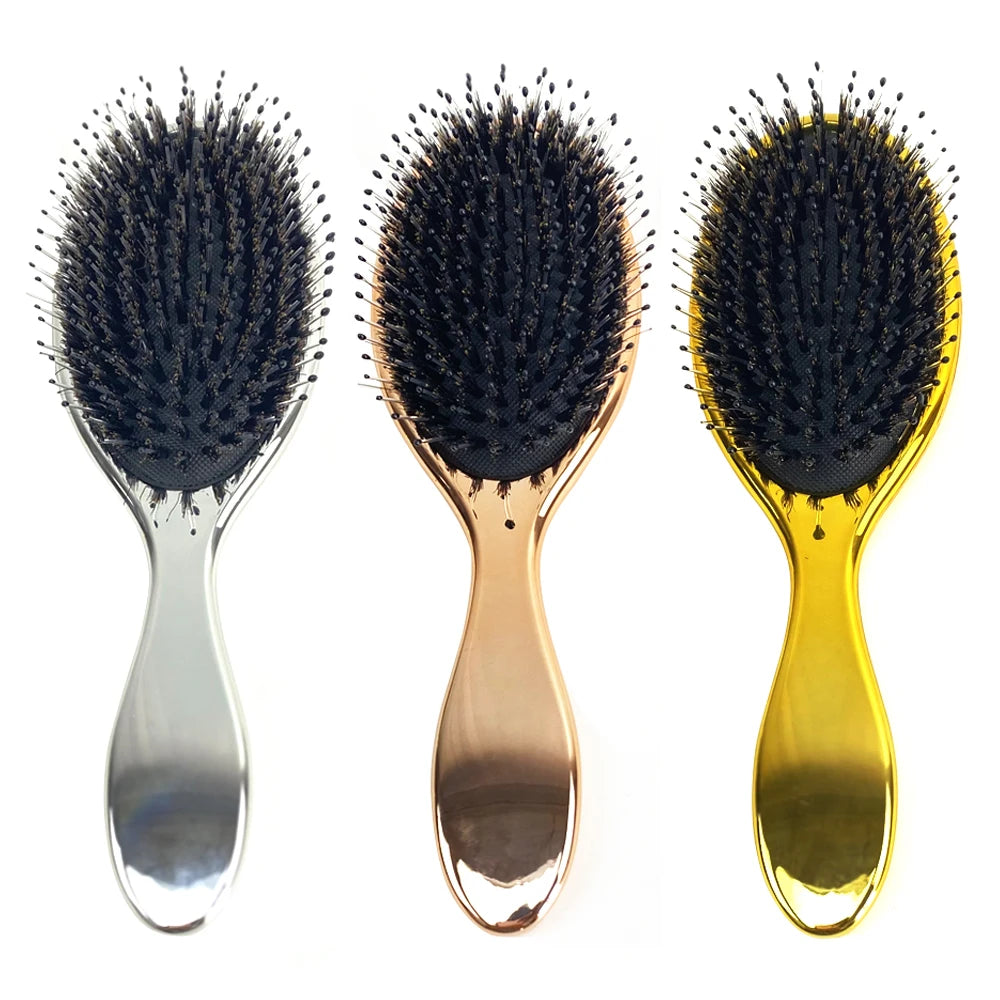 High Quality Wholesale Shiny Electroplating Gold Sliver Chrome Boar Nylon Bristles Customized Hair Brush