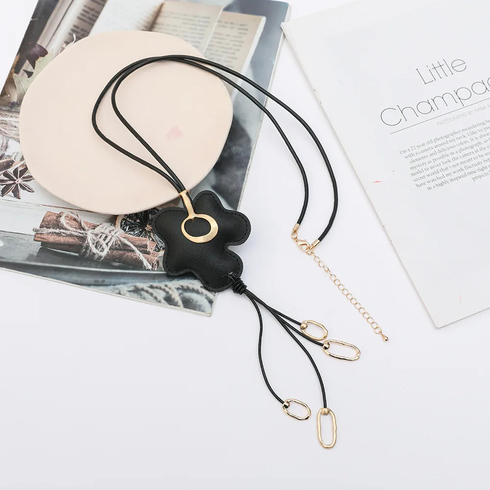 TongLing Necklace Fashion Geometric Flower Pendant Black Rope Chain Necklace for Women