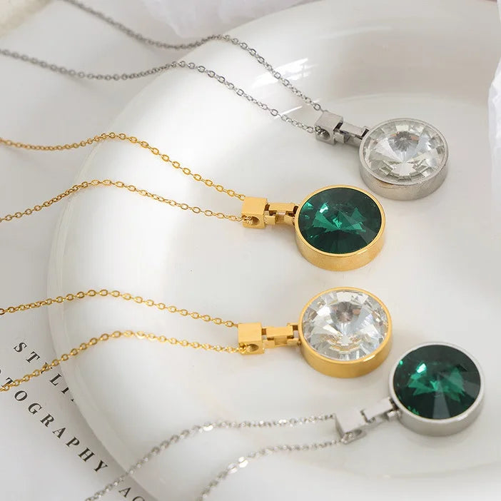 Ins Hot Sale Luxury Zircon Glass Stone Charms Necklace Wholesale 18k Pvd Gold Plated Stainless Steel Gemstone Necklace