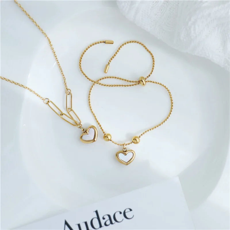 YF2798 Fashion 18K Gold Plated Jewelry Set Stainless Steel White Shell Heart Pendant Clavicle Necklace Bracelet Earring Women