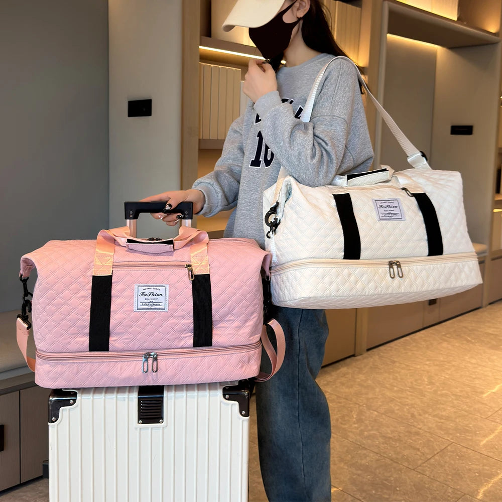 Large Capacity Custom Quilted Travel Duffel Bag Portable Nylon Holdall with Dry Wet Waterproof Zipper Weekender Shoe Compartment MegaBDM
