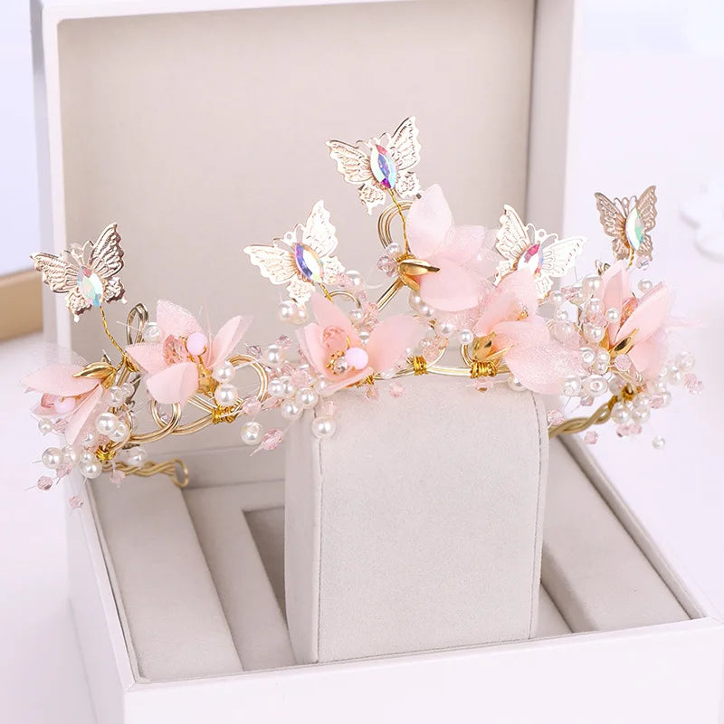 Miallo Korean Children's Performance Headdress Handmade Pink Flower Butterfly Pearl Hair Hoop Princess Hairband Crown