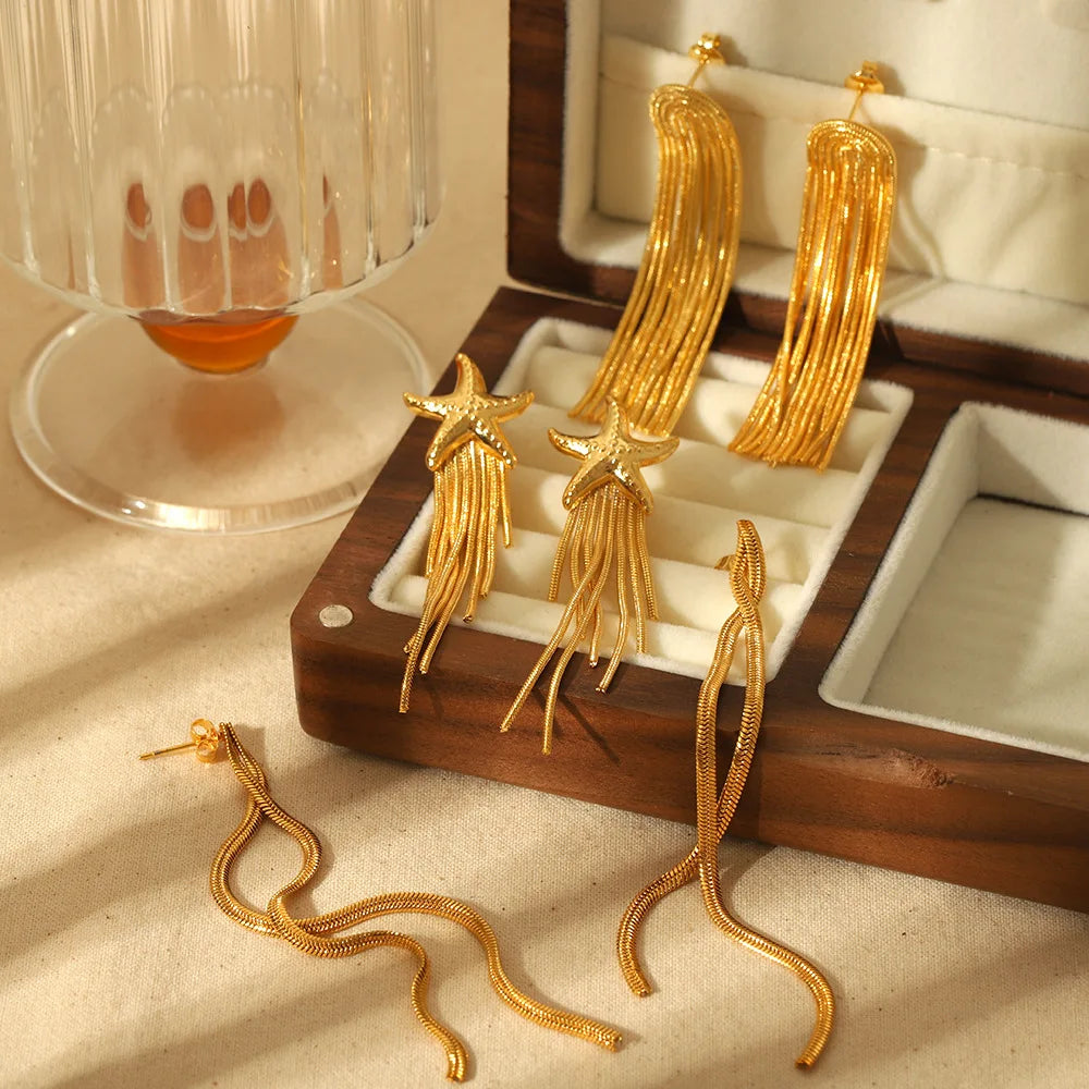 Wholesale Bulk Korean Fashion Stylish Stainless Steel Gold Plated Metal Long Yarn Tassel Thread Fringe Drop Earrings for Women