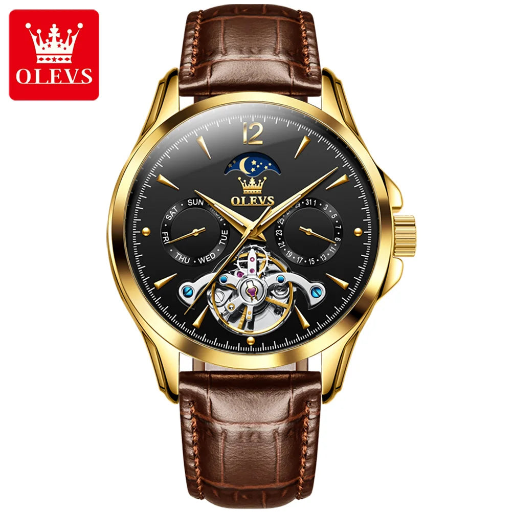 OLEVS 6663  OEM Skeleton Automatic Tourbillon  Leather Mechanical Watches Wrist Watches for Men Luxury Watches Men