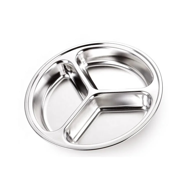SS304 3 Saeparates Lattice Circular Stainless Steel Dishes Children Divided Dinner Plate for Kids