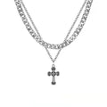 Wholesale Stainless Steel Vintage Diamond Fashion Personality Hip Hop Cross Pendant Double-layer Cuban Chain Clavicle Necklace