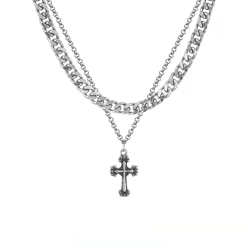 Wholesale Stainless Steel Vintage Diamond Fashion Personality Hip Hop Cross Pendant Double-layer Cuban Chain Clavicle Necklace