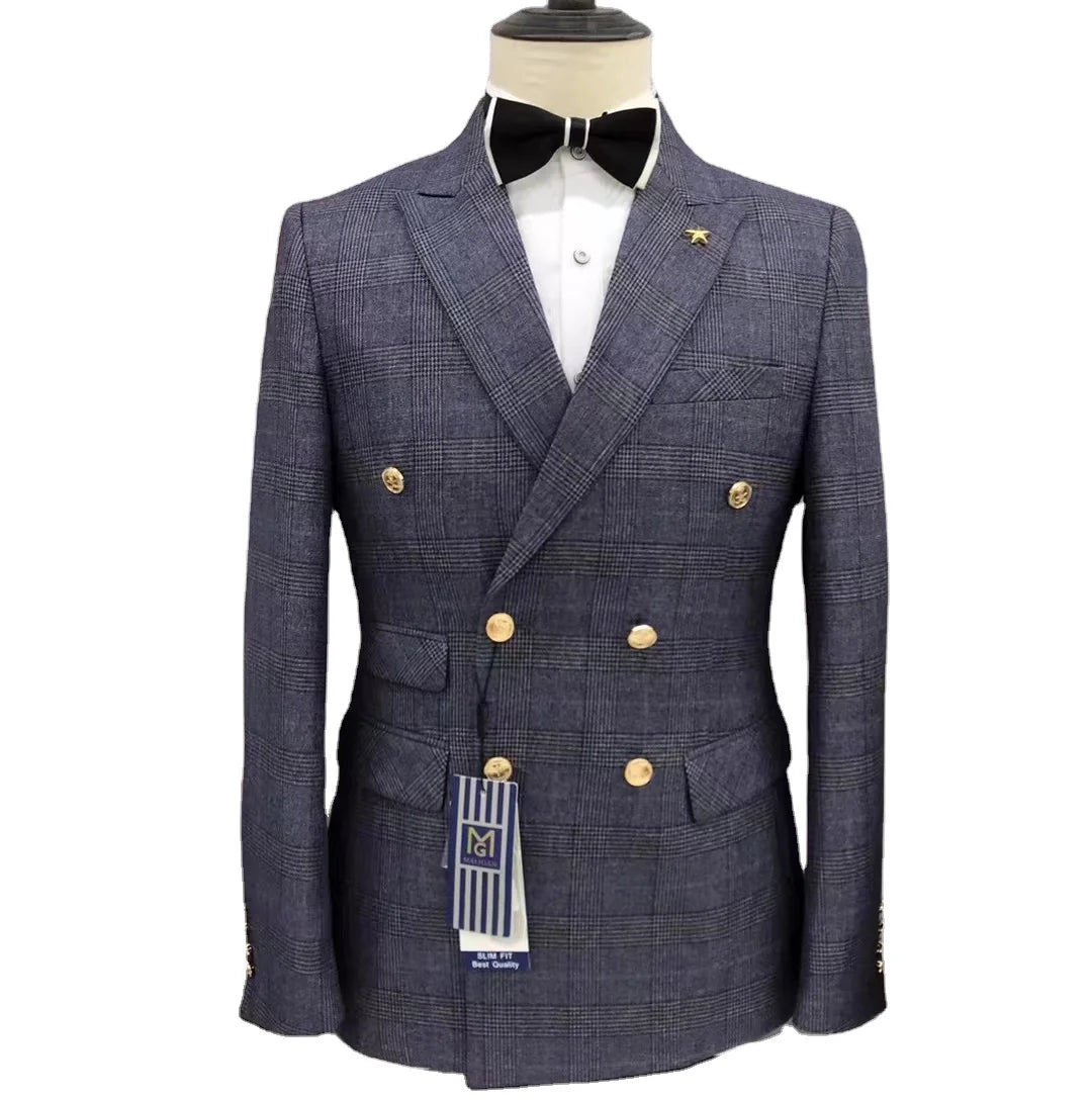 EU Size Plaid Double Breasted Two-Piece Men'S Suit Formal Wedding Suit Professional Mens Suits