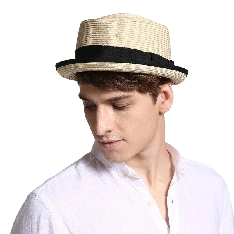 Vintage Rolled Brim Straw Hat Men Hat Fedora Hat for Man Gentlemen Luxury Jazz Ribbon Panama Caps Street Sun Caps