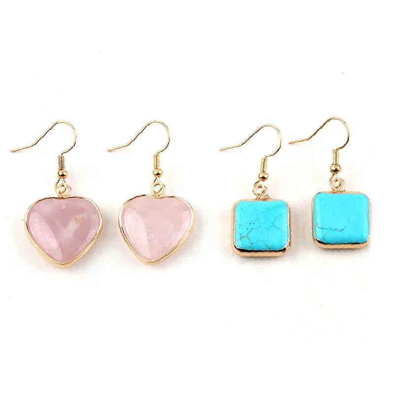 Wedding Party Gifts Trend Women Pink Quartz Blue Turquoise Natural Stone  Earring Heart Square Pendant Earring Western Jewelry