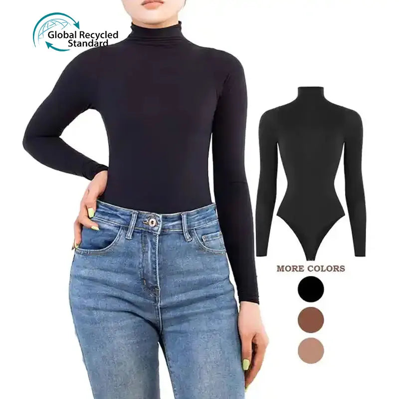 High Stretch Breathable Seamless Solid Top Bodysuit Jumpsuit Black Bodycon Rompers Body Shaper Long Sleeve Thong Turtleneck