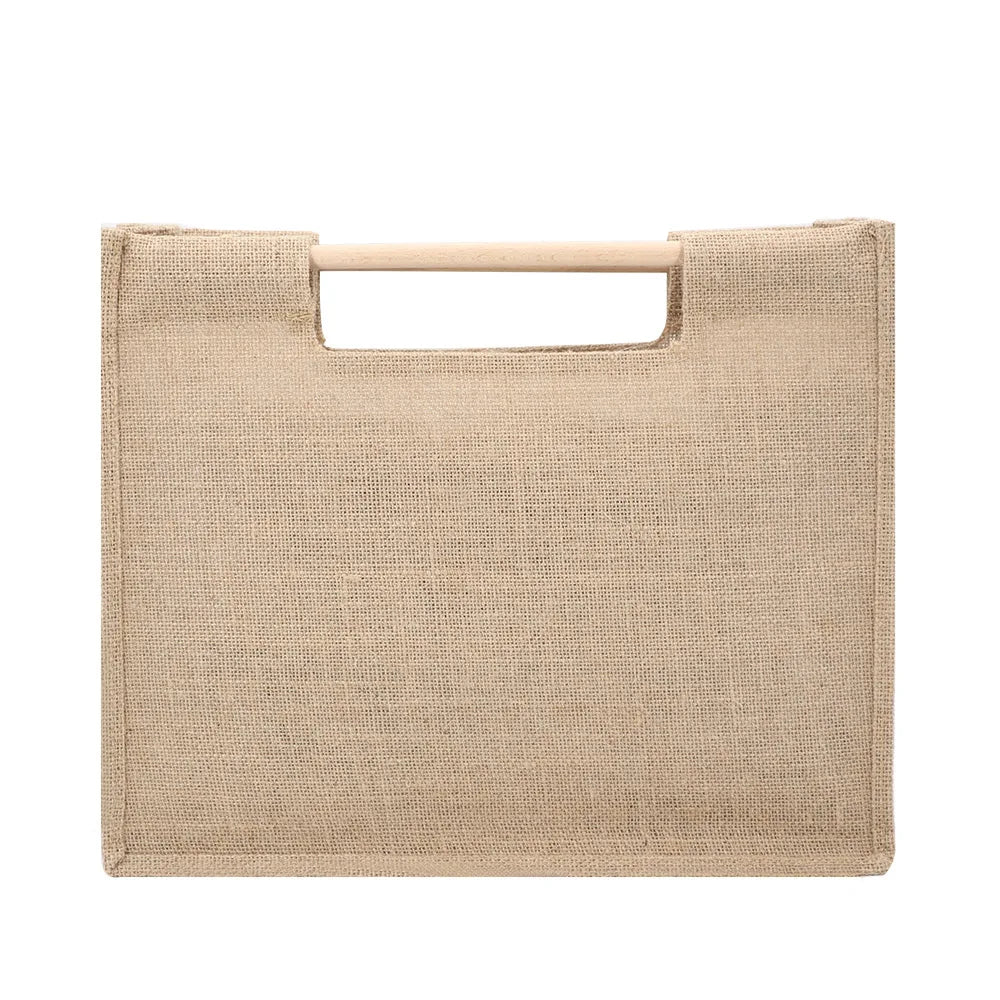 New Style Wooden Handle Jute Bag Blank Natural Jute Shopping Bag Factory OEM Burlap Carry Tote Bag for Gift