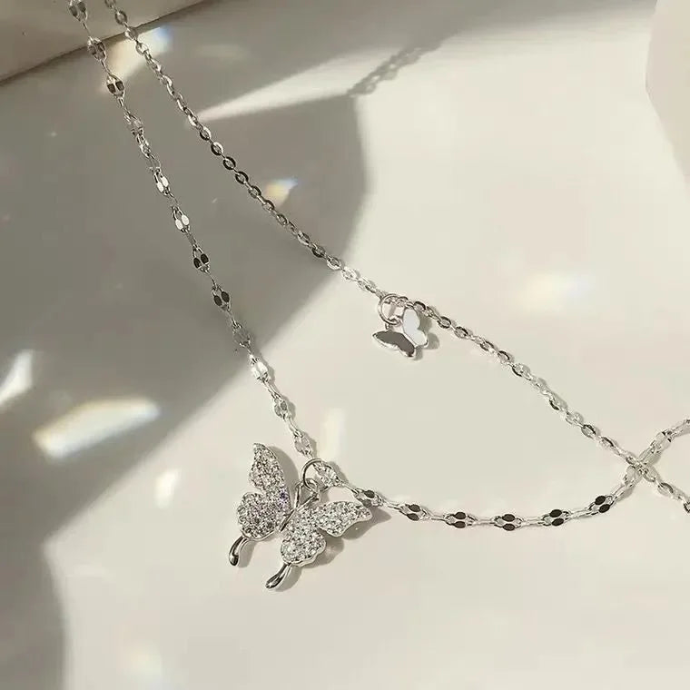 SC Hot Sale Fashion Silver Chain Necklace Trendy Korean Layered Necklace Stylish Butterfly Chokers Necklace for Girls