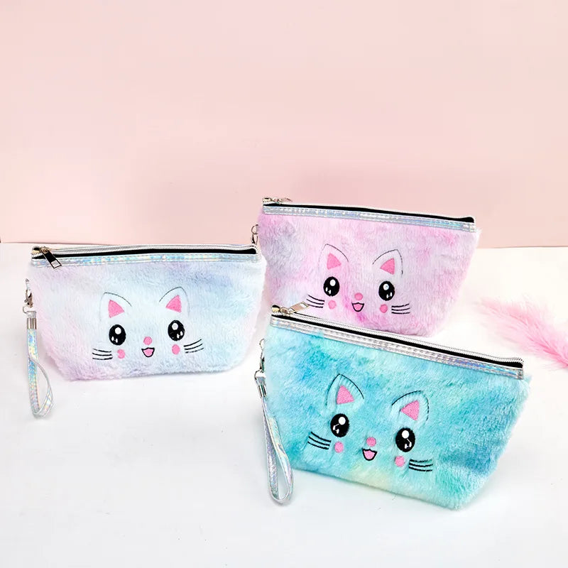 Cute Fashion Plush Rainbow Belt Zipper Cartoon Colorful Fluffy Cat Nylon Cosmetic Bags Soft Makeup Pouch