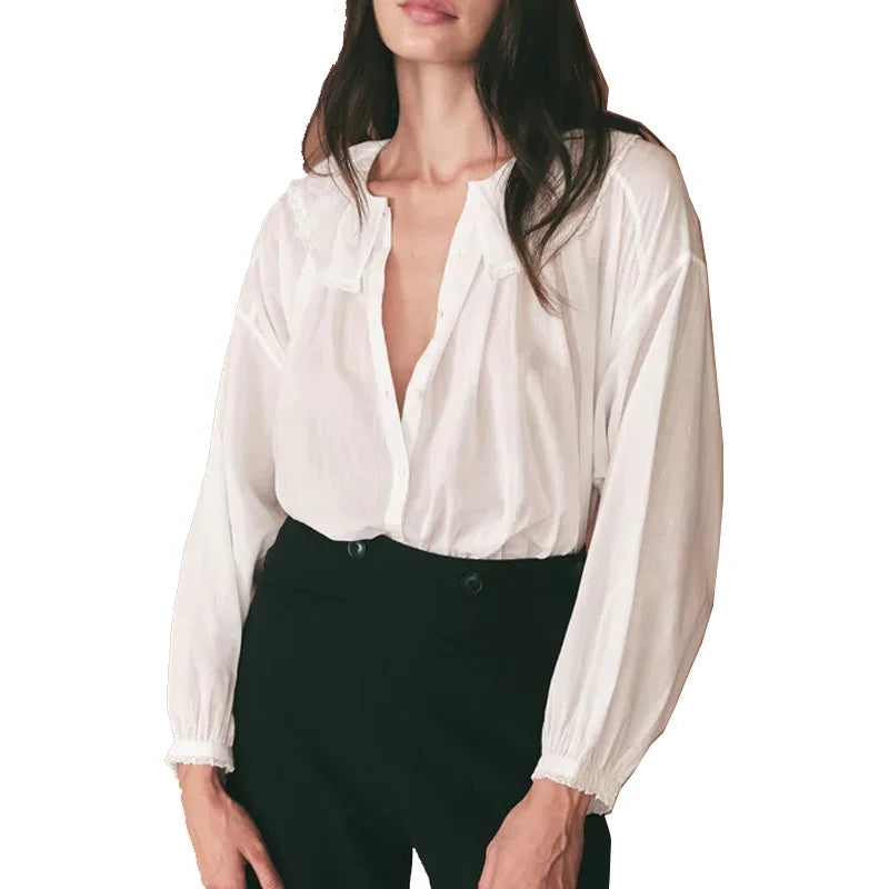 Autumn Women's Fashionable Tops Solid Color Long Sleeve Blouses & Shirts Button Decoration Pleated Woven Technique Casual Style