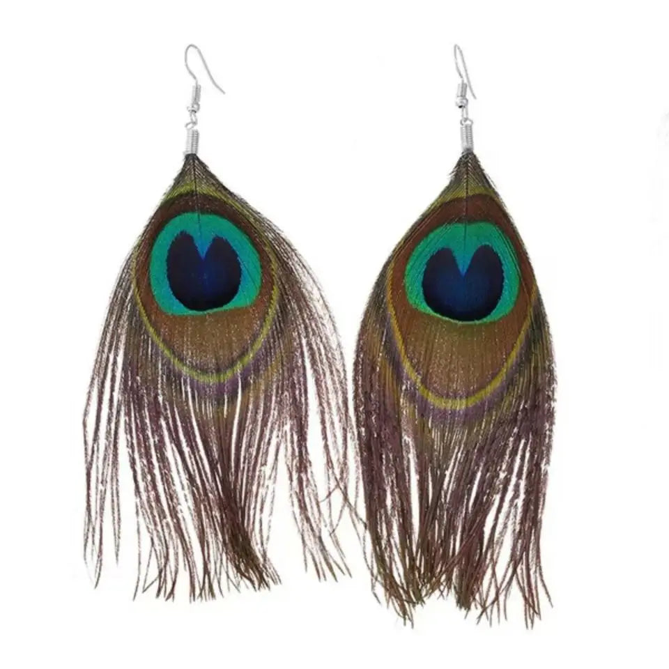 Long Design Statement Crystal Peacock Feather Drop Earrings for Women